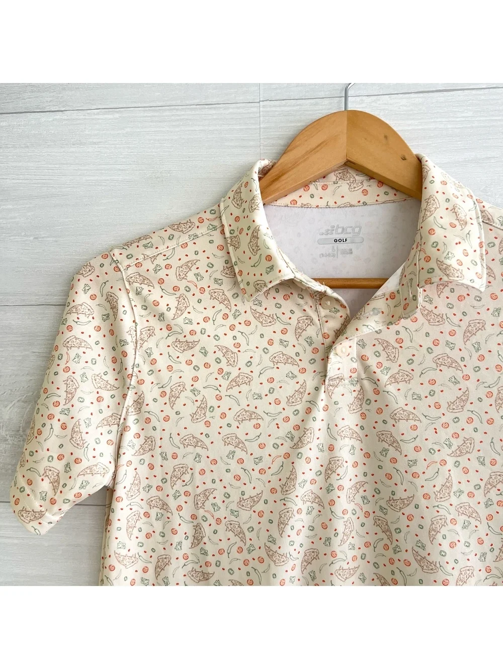 NWT BCG Golf Pizza Print Polo Shirt UPF 50 Moisture Wicking Youth L 14-16